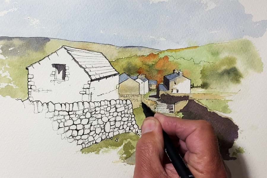 Line and wash drawing of Little Stainforth in the Yorkshire Dales 